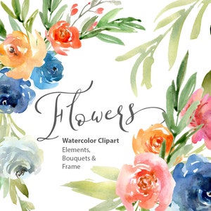 Aquarel kleurrijke bloemen Clipart digitale Download Floral Clip Art blauw roze oranje Element boeket Frame Florals gratis commercieel gebruik Png