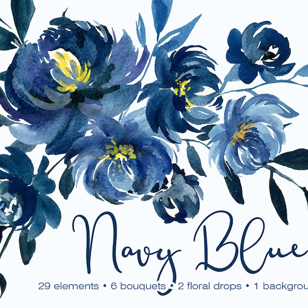 Navy Watercolor Floral Clipart Flowers Wedding Indigo Dark Clip Art Arrangements Bouquets Floral Drop Seamless Tile Free Commercial Use PNG