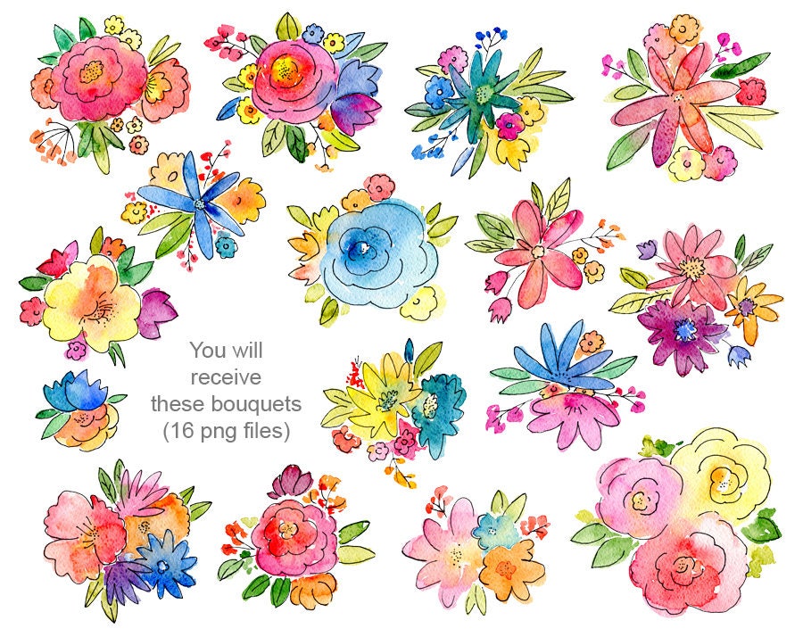 Watercolor bouquets flowers / digital clip art bright | Etsy