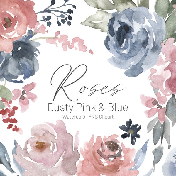 Watercolor Dusty Pink Blush Blue Rose Flowers Clipart Bouquet Border Frame Wreath Pale Light Floral Clip Art Digital Free Commercial Use Png