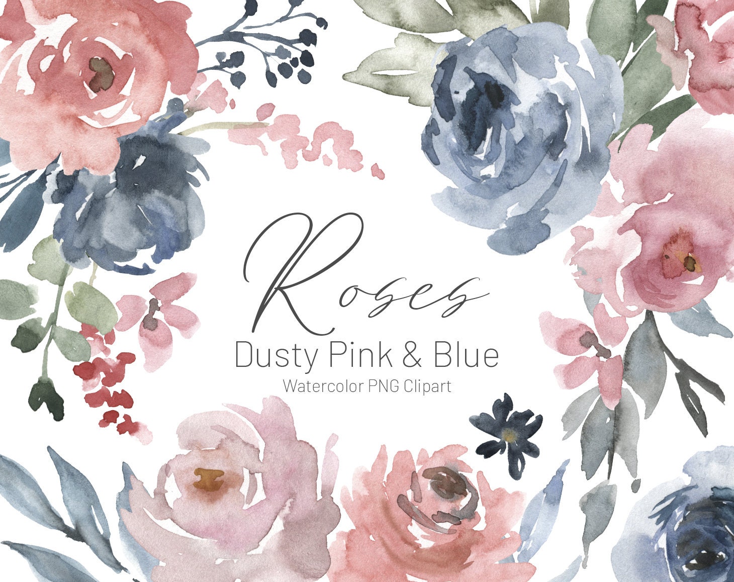 Watercolor Dusty Pink Blush Blue Rose Flowers Clipart Bouquet Etsy