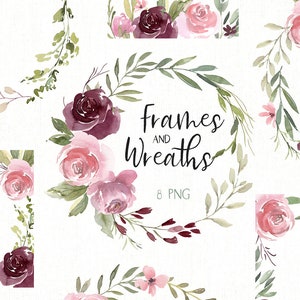 Aquarel bloemen clipart frames kransen licht Blush roze & donker bordeaux bloemen aquarel aquarelle Rose pioenrozen gratis commercieel gebruik PNG