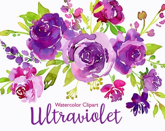 Aquarelle florale Clip Art fleurs violet vert ultra violet Clipart roses Arrangements Téléchargement numérique aquarelle usage commercial gratuit PNG