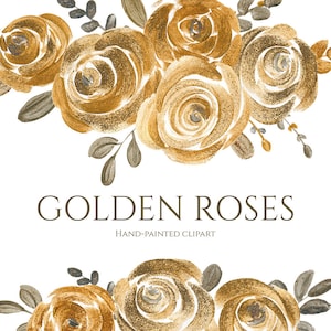 Clipart gouden bloemen: handgeschilderde rozen Clip Art metallic glitter bladeren helder sprankelend glanzend glanzend gloeiende bloemen Gratis commercieel gebruik
