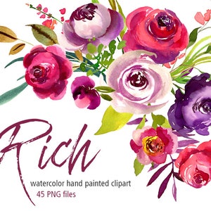 Aquarell Blumen Clipart Helle Rosen Blumen Zweige Blätter Rubin Rot Violett Rose Clip Art / Digital Florals PNG Set Freie kommerzielle Nutzung