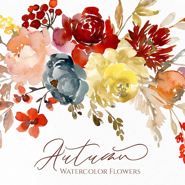 Watercolor Autumn Flowers Clipart Fall Roses Floral Clip Art Yellow Burgundy Red Bouquet Wreath Digital Download Free Commercial Use Png