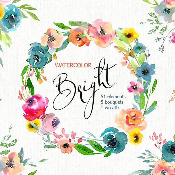 Bright Watercolor Floral Clipart Summer Flowers Bouquets Wreath Aquarelle Digital Download Watercolour Clip Art Free Commercial Use PNG