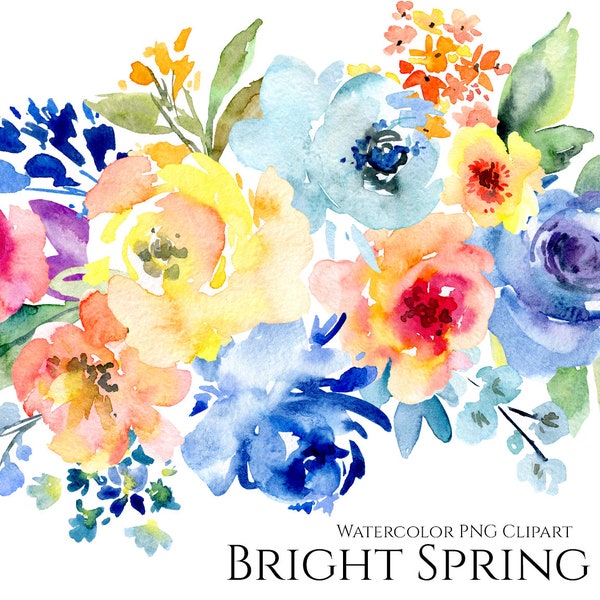 Watercolor Bright Flowers Clipart Spring Summer Floral Clip Art Colorful Multicolor Vibrant Florals Digital Download Free Commercial Use Png