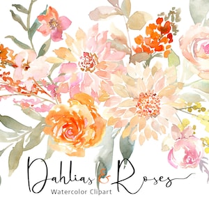 Clipart floral aquarelle Roses claires Dahlias fleurs Clip Art Bouquet tout usage commercial gratuit Téléchargement numérique Mariage romantique Floral PNG