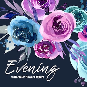 Akwarela Wieczorne Kwiaty Clipart Fioletowy Niebieski Turkusowy Fioletowy Róże Piwonie Jasne Cyfrowe Pobieranie Kwiatowy Clip Art Darmowe Użytkowanie Komercyjne PNG
