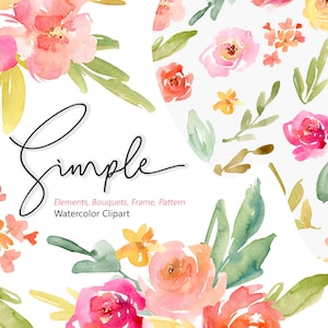 Aquarell rosa Blumen Clipart einfache floral Clip Art mit grünen Blättern blush lila Blumensträuße Rahmen nahtlose Muster kostenlose kommerzielle Nutzung