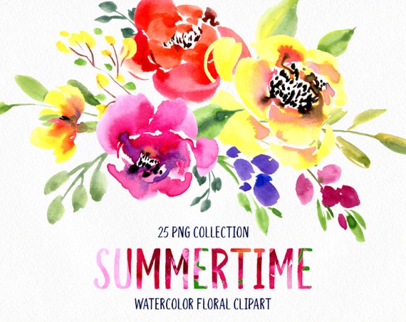 Watercolor Flowers Clipart Hand Painted Floral Png Bright Etsy