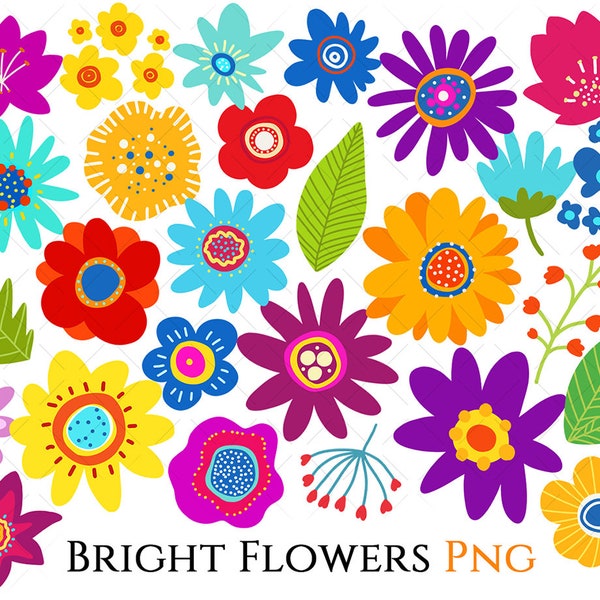 Bright Flowers Clipart Florals Leaves Colorful Bouquet Heart Frame Wreath Seamless Pattern, Simple Naive Spring Summer Bright Clip Art PNG