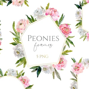 Aquarell Pfingstrosen Rahmen Rosa Blush weiße Blumen mit Goldlinien Digitaler Download Png Romatische Hochzeit Kostenlose kommerzielle Nutzung Floral Clip Art
