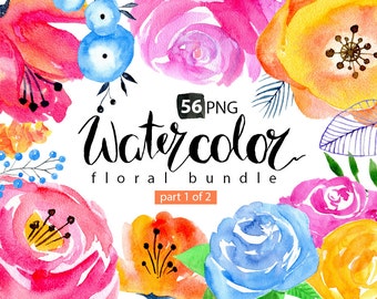 Watercolor floral clipart 56 bright Branches Flowers Leaves Watercolour Boho Aquarelle Digital Clip Art Free Commercial Use PNG