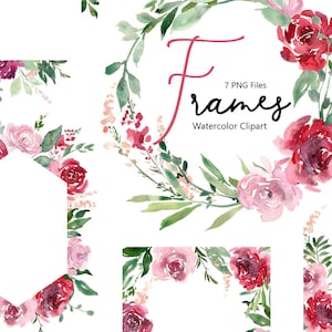 Aquarel Frames Krans Clipart Bloemen Clip Art Red Blush Roze Groene Rozen Pioenrozen Digitale Download Bruiloft Grens Gratis Commercieel Gebruik PNG