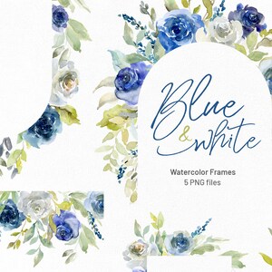 Witte & blauwe aquarel bloemen clipart frames randen bloemen Marine rozen pioenrozen Boho bruiloft arrangementen clip art gratis commercieel gebruik PNG