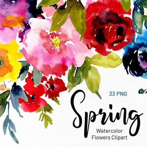 Aquarel heldere zomerbloemen Clipart rood roze blauw geel bloemen Clip Art lente kleurrijk boeket krans gratis commercieel gebruik Png