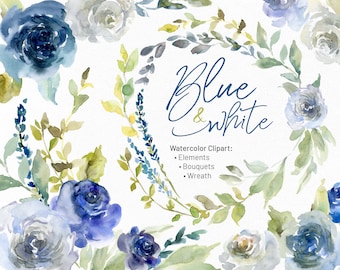 Watercolor Blue White Flowers Clipart Digital Download Floral Clip Art Wreath Bouquet Navy Indigo Sapphire Roses Peonies Free Commercial Use