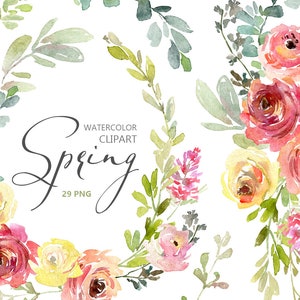Aquarel lentebloemen clipart roze blos gele bloemen clip art boeket krans gratis commercieel gebruik bladeren gebladerte digitale download png