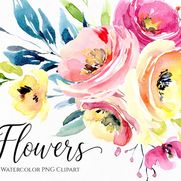 Watercolor Bright Summer Flowers Clipart Elements Seamless Patterns Pink Yellow Digital Download Wedding Floral Clip Art Free Commercial Use