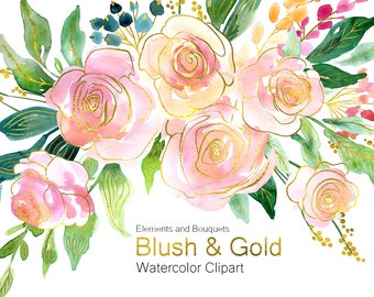 Watercolor Gold Pink Flowers Clipart Golden Blush Roses Floral Clip Art Free Commercial Use Light Wedding Digital Download Elements Bouquets