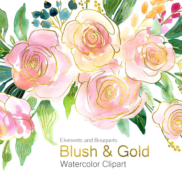 Watercolor Gold Pink Flowers Clipart Golden Blush Roses Floral Clip Art Free Commercial Use Light Wedding Digital Download Elements Bouquets