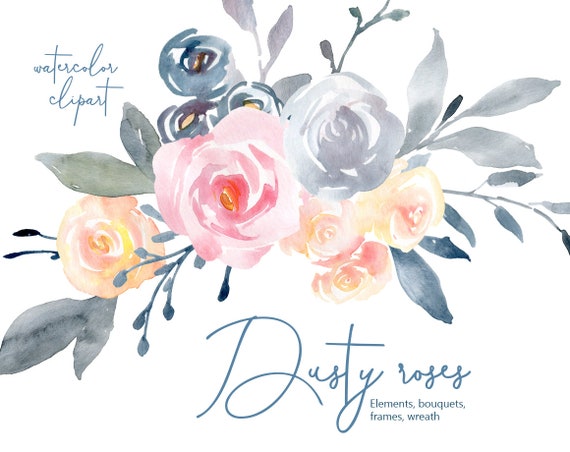 Watercolor Floral Clipart Dusty Pink Blue Yellow Flowers Roses Etsy