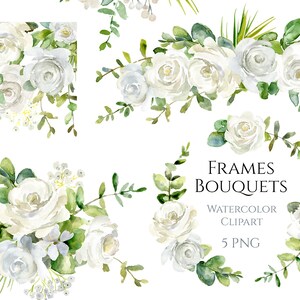 Aquarell Blumen Clipart Blumensträuße Rahmen obere Grenze Kranz weiße Rosen Blumen Hochzeit Clip Art Digital Download kostenlose kommerzielle Nutzung Png