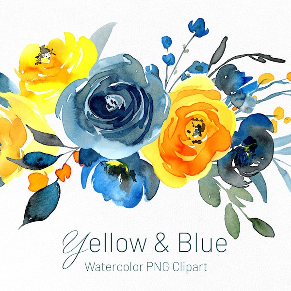 Watercolor Flowers Clipart Blue Turquoise Orange Roses Winter Floral Aquarelle Digital Download Clip Art Watercolour Free Commercial Use PNG