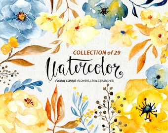 Wedding watercolor flower clipart: 29 blue yellow brown flowers, Watercolour Boho Floral Aquarelle Digital Clip Art Free Commercial Use