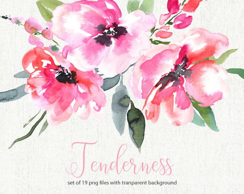Watercolor Flower Clipart 19 Red Purple Flowers And Green Etsy