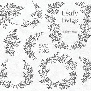 Silhueta de folhas e galhos Clipart Galhos Raminhos Download digital gratuito Uso comercial Moldura de guirlanda de vetor Casamento Verdura Corte SVG PNG