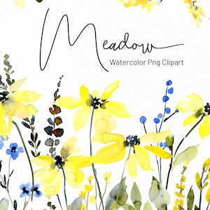 Aquarel weide wilde bloemen clipart blauw geel kamille madeliefjes frame grens kruiden digitale download wilde bloemen gratis commercieel gebruik png