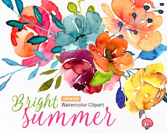 Watercolor Bright Flowers Clip Art Summer Spring Colorful Floral Clipart Wedding Wreath Bouquet Pattern Digital Download Free Commercial Use