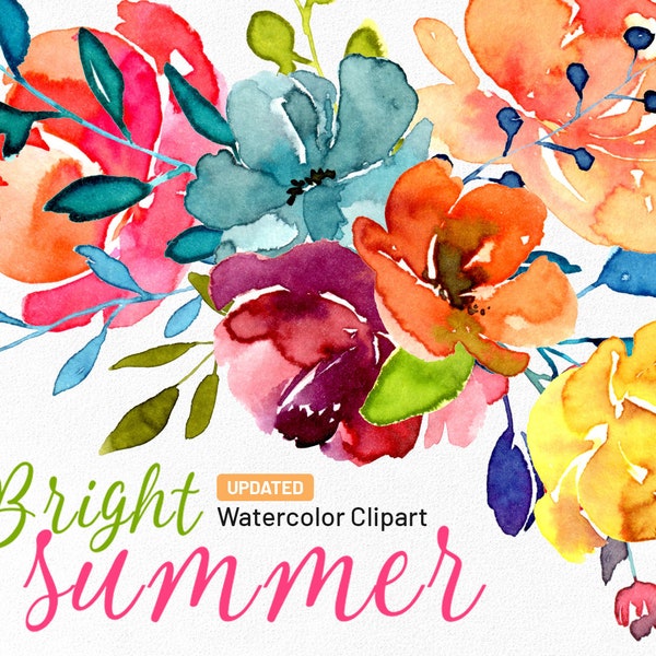 Watercolor Bright Flowers Clip Art Summer Spring Colorful Floral Clipart Wedding Wreath Bouquet Pattern Digital Download Free Commercial Use