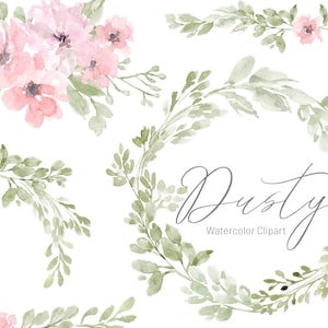 Aquarel stoffige salie & blozen roze bloemen | Elementen arrangementen Frame Border Boeket Krans | Digitale download Gratis commercieel gebruik PNG