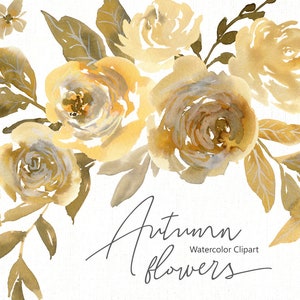 Aquarell Blumen Clipart Gelb Braun Herbst Digital Download Hochzeit Blumenstrauß Kranz Romantische Rosen Pfingstrosen freie kommerzielle Nutzung