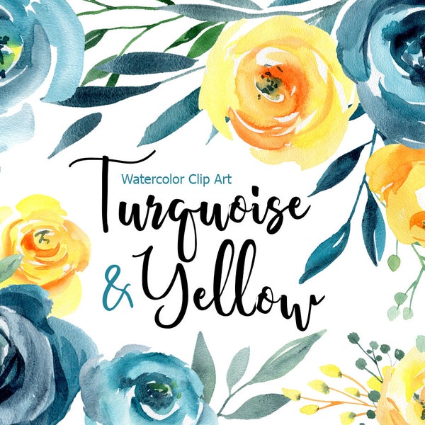 Watercolor Flowers Clip Art Roses Floral Clipart Turquoise Blue Orange Yellow Aquarelle Bright Digital Download Free Commercial Use PNG