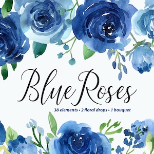 Aquarel bloemen clipart helder blauwe rozen groene bladeren takken bloemen clip art boeket bovenrand Florals drop gratis commercieel gebruik png