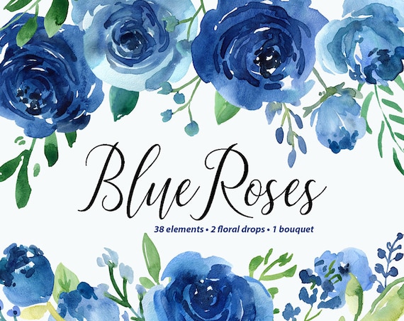 Watercolor Flowers Clipart Bright Blue Roses Green Leaves - Etsy