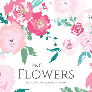 Clipart di fiori rosa - Mazzi di fiori dipinti a mano e ghirlande / Clip art floreale per uso commerciale gratuito / Pennellate asciutte Download digitale PNG