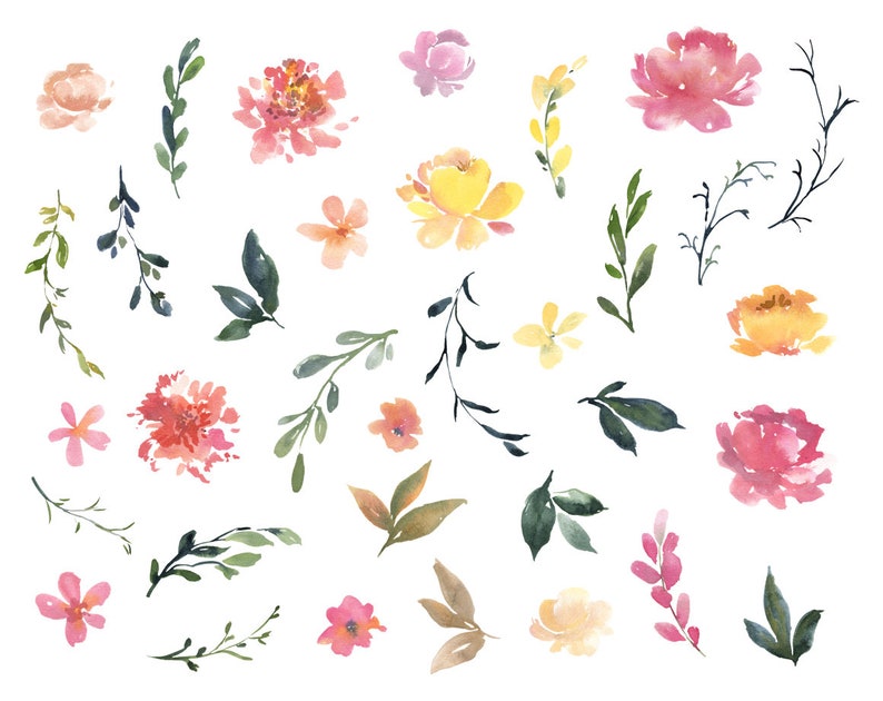 Watercolor Flowers Clipart Bright Floral Clip Art Summer - Etsy