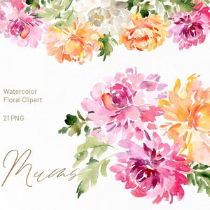 Aquarelle peinte à la main chrysanthèmes fleurs Clipart rose Orange jaune automne en téléchargement numérique Bouquet cadre libre usage commercial PNG