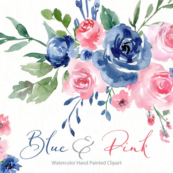 Watercolor Pink Blue Flowers Clipart Indigo Navy Blush Floral Clip Art Rose Watercolour Bouquet Wedding Free Commercial Use Digital Download