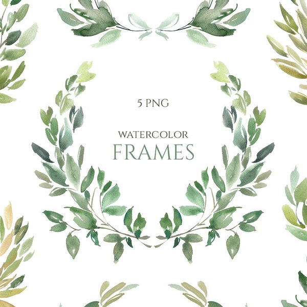 Watercolor Greenery Wreaths Clipart Green Bright Leaves Watercolour Frames Foliage Herbs Clip Art Free Commercial Use Digital Download PNG