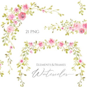 Aquarel roze bloemen clipart framerand groene bladeren groen handgeschilderde illustraties digitale download bruiloft gratis commercieel gebruik png