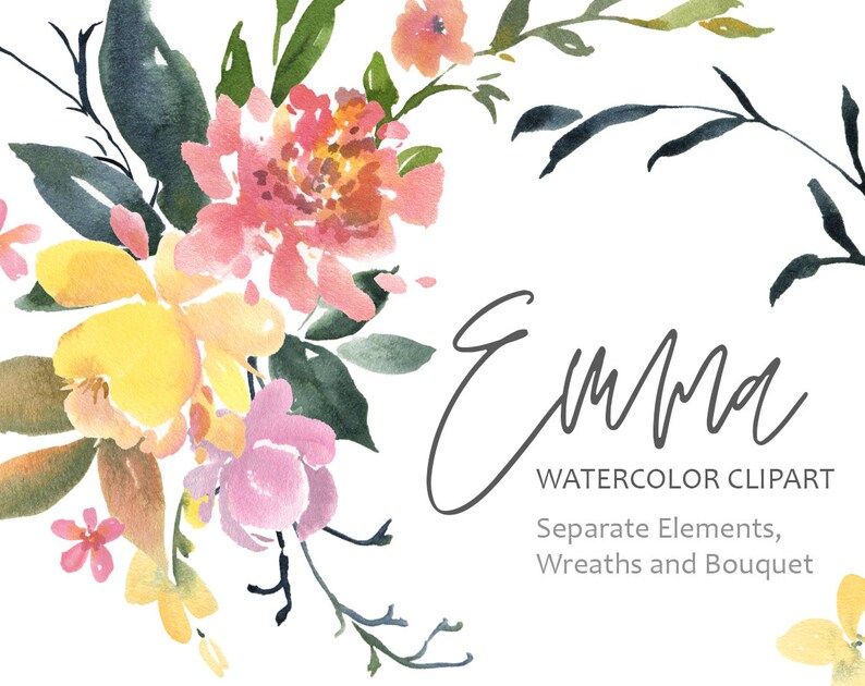 Watercolor Flowers Clipart Bright Floral Clip Art Summer Aquarelle Watercolour Wreaths Bouquet Digital Download Free Commercial Use PNG