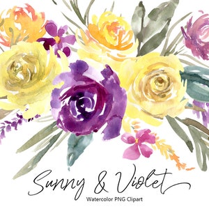 Violet & Gelb Aquarell Blumen Clipart Digital Download Floral Clip Art Hochzeit Bouquet Rahmen Hell Arrangement Kostenlose Kommerzielle Nutzung Png