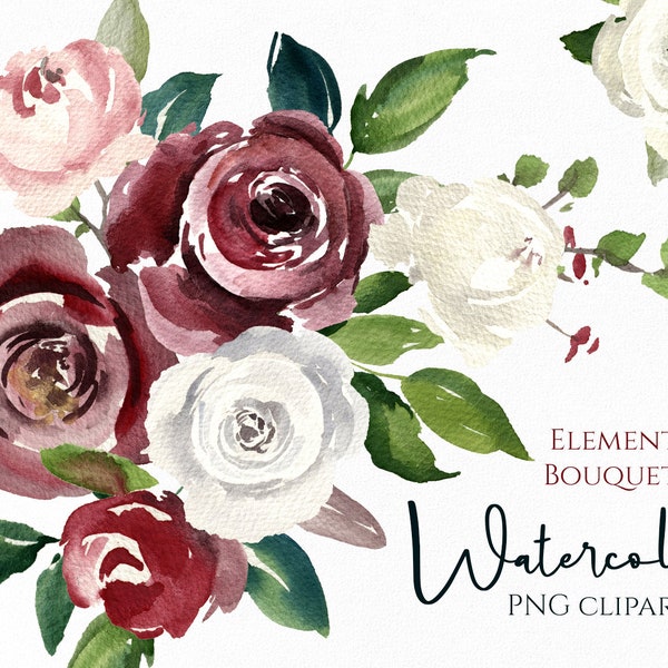 Watercolor Flowers Clipart Vintage Boho Retro Floral Clip Art Burgundy White Bright Roses Bouquets Digital Download Free Commercial Use Png